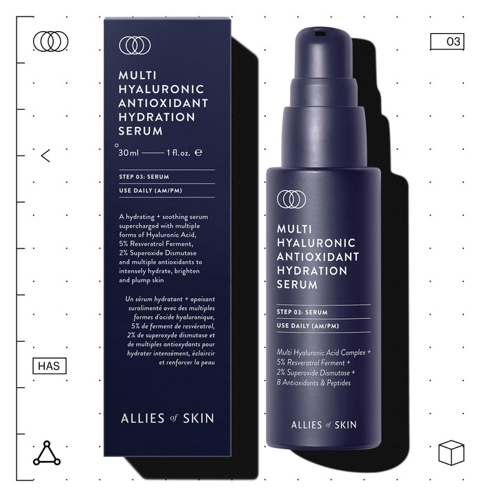 Allies of Skin Multi Hyaluronic Antioxidant Hydration Serum 30ml navy pump bottle and box hyaluronic acid hydration serum