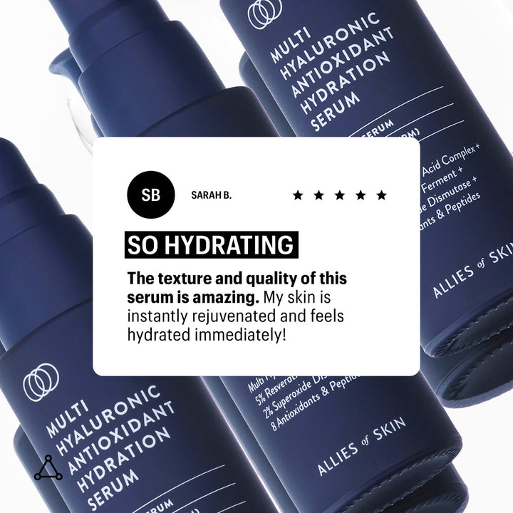 Allies of Skin dark blue pump bottles of Multi Hyaluronic Antioxidant hyaluronic acid hydration serum with customer review card