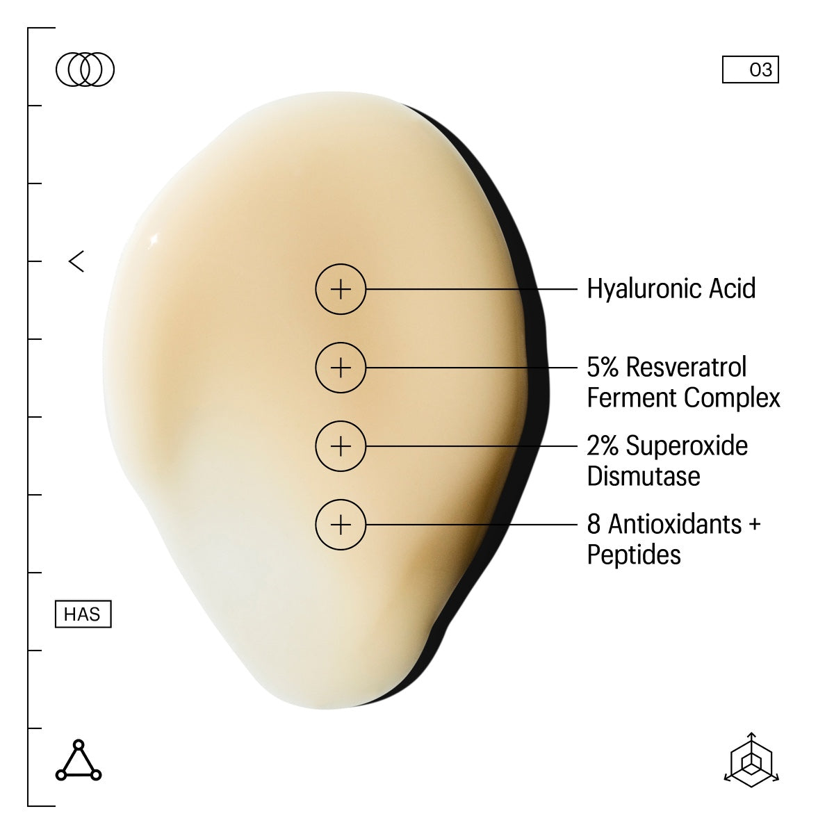 Allies of Skin hyaluronic acid hydration serum beige droplet with labels for resveratrol superoxide dismutase