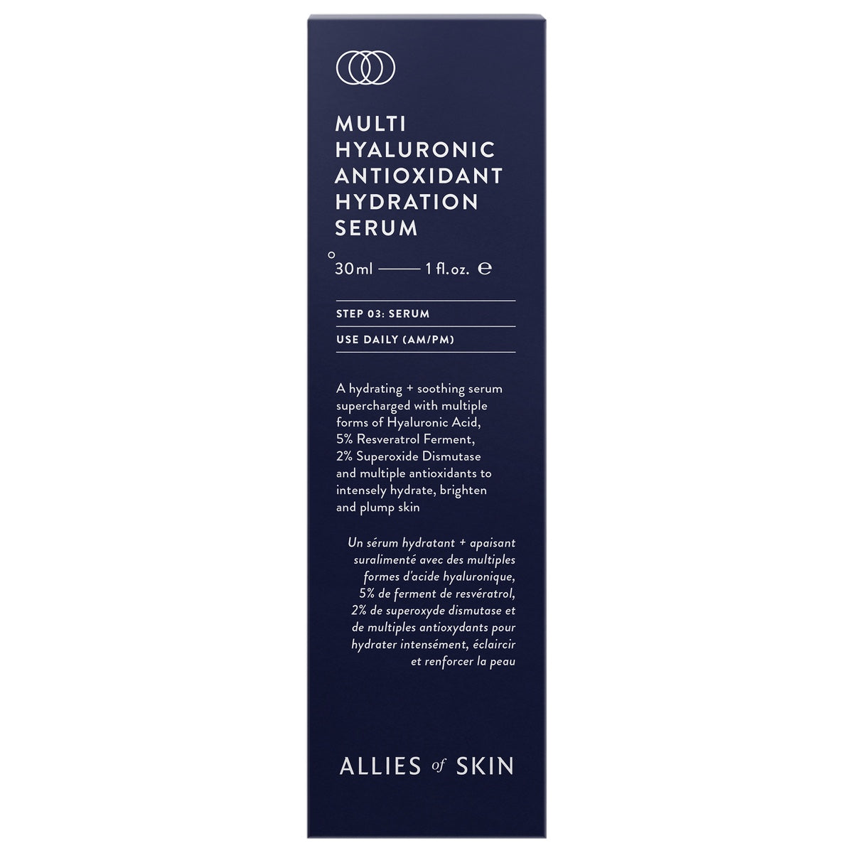 Allies of Skin navy box for Multi Hyaluronic Antioxidant hyaluronic acid hydration serum 30ml product packaging