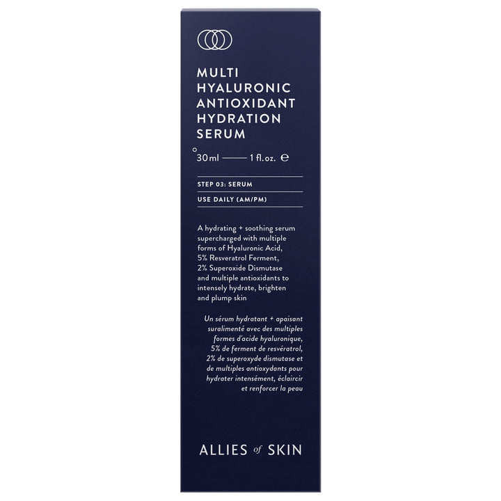 Allies of Skin navy box for Multi Hyaluronic Antioxidant hyaluronic acid hydration serum 30ml product packaging