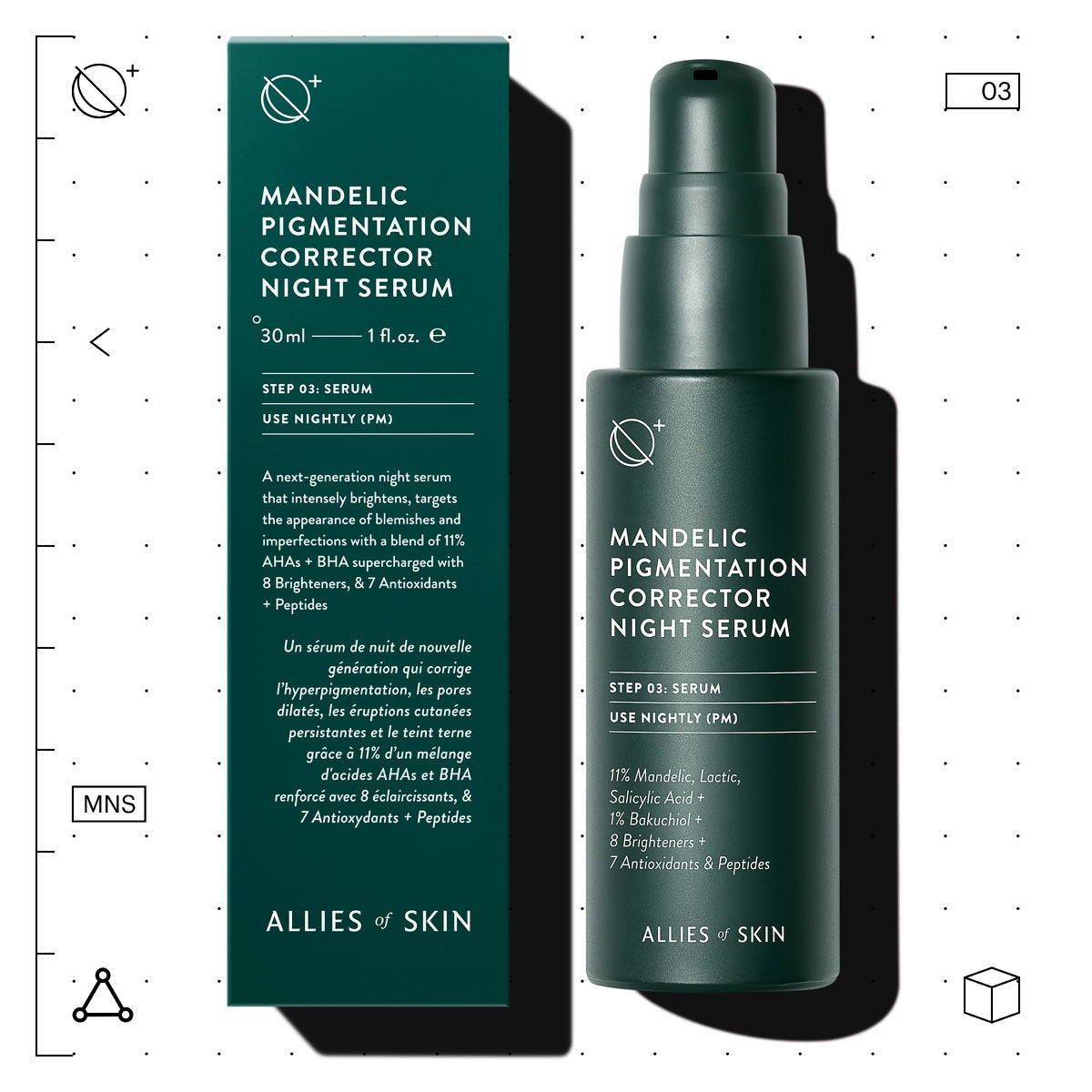 Allies of Skin mandelic acid pigmentation serum night bottle and box in dark green packaging