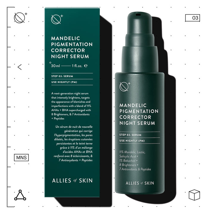 Allies of Skin mandelic acid pigmentation serum night bottle and box in dark green packaging