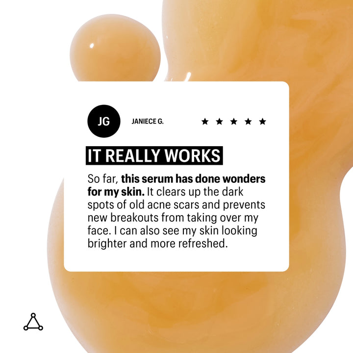 Allies of Skin mandelic acid pigmentation serum review card over amber serum background showing five star testimonial
