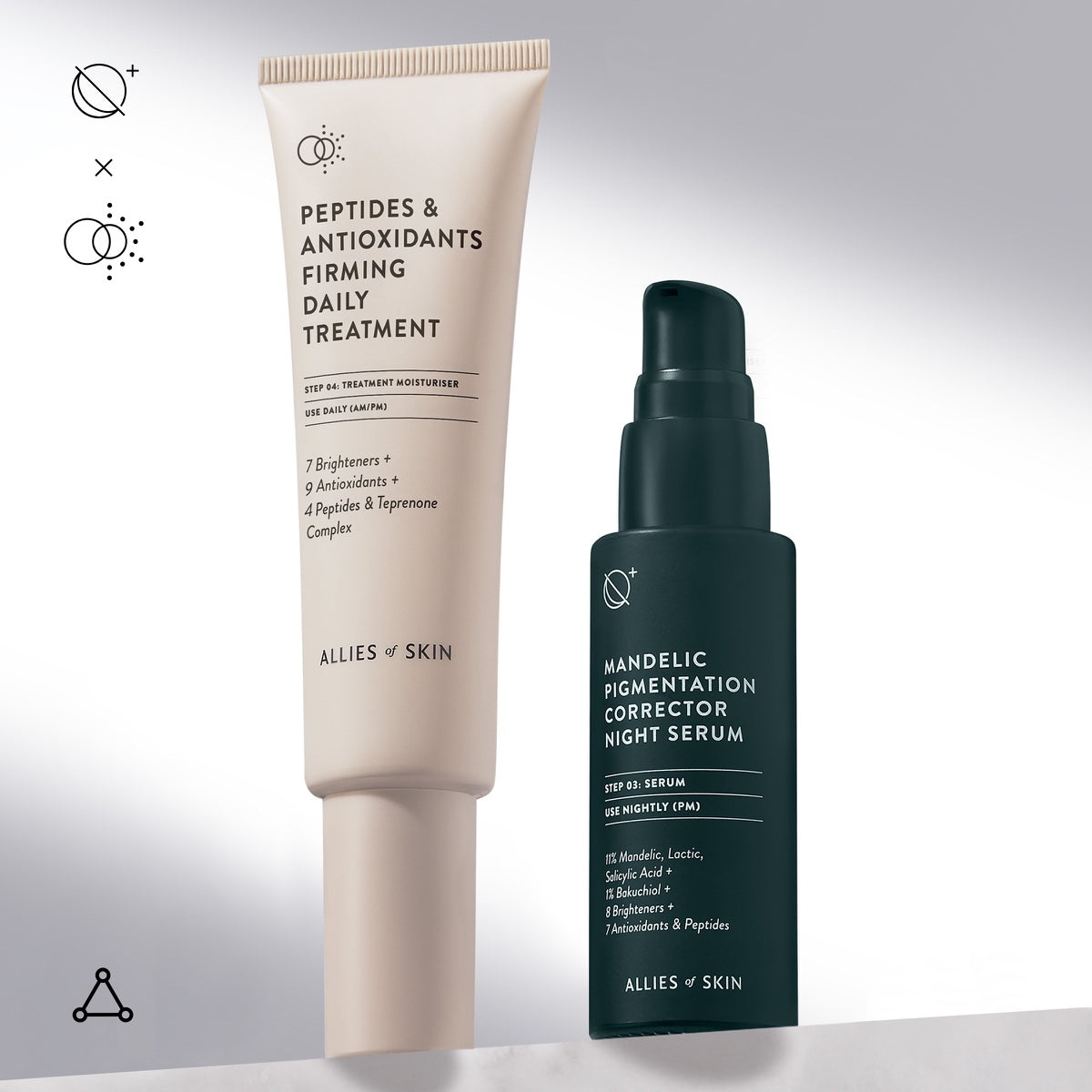 Allies of Skin beige firming daily treatment tube beside dark green pump mandelic acid pigmentation serum bottle