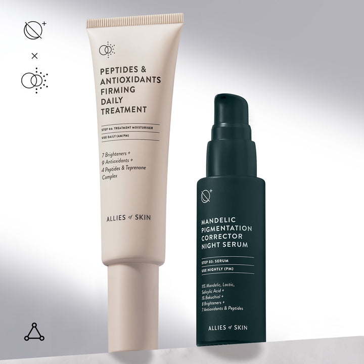 Allies of Skin beige firming daily treatment tube beside dark green pump mandelic acid pigmentation serum bottle