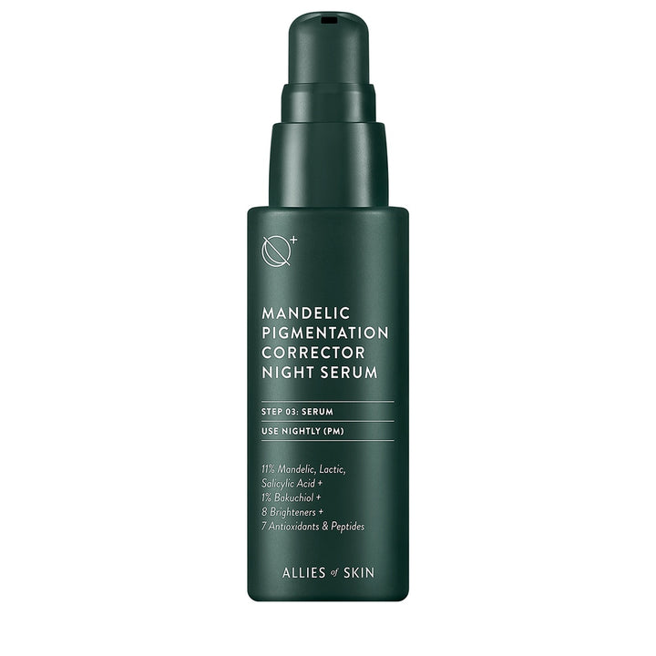 Allies of Skin dark green pump bottle of mandelic acid pigmentation serum night corrector for dark spots