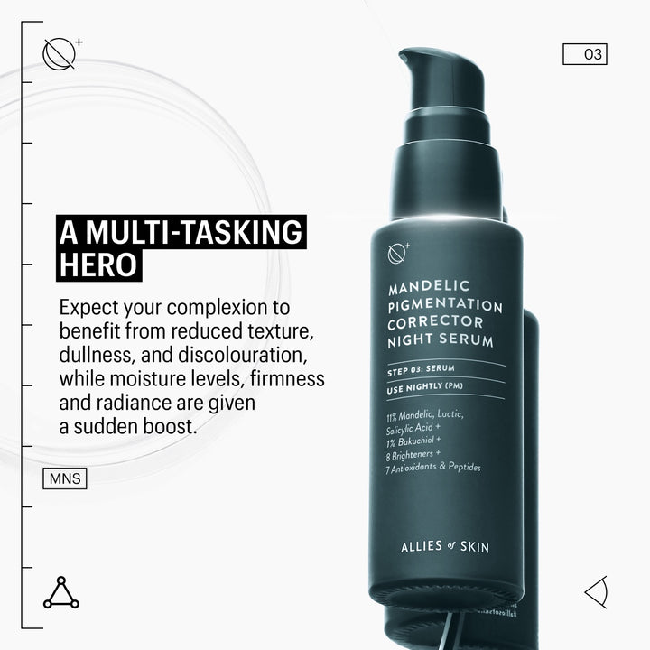 Allies of Skin mandelic acid pigmentation serum dark teal pump bottle night corrector for uneven tone