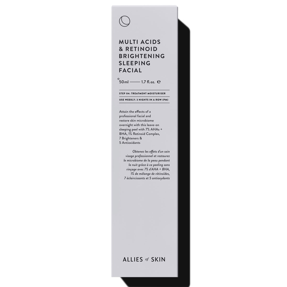 Allies of Skin product box for multi acid retinoid sleeping facial 50ml white vertical packaging