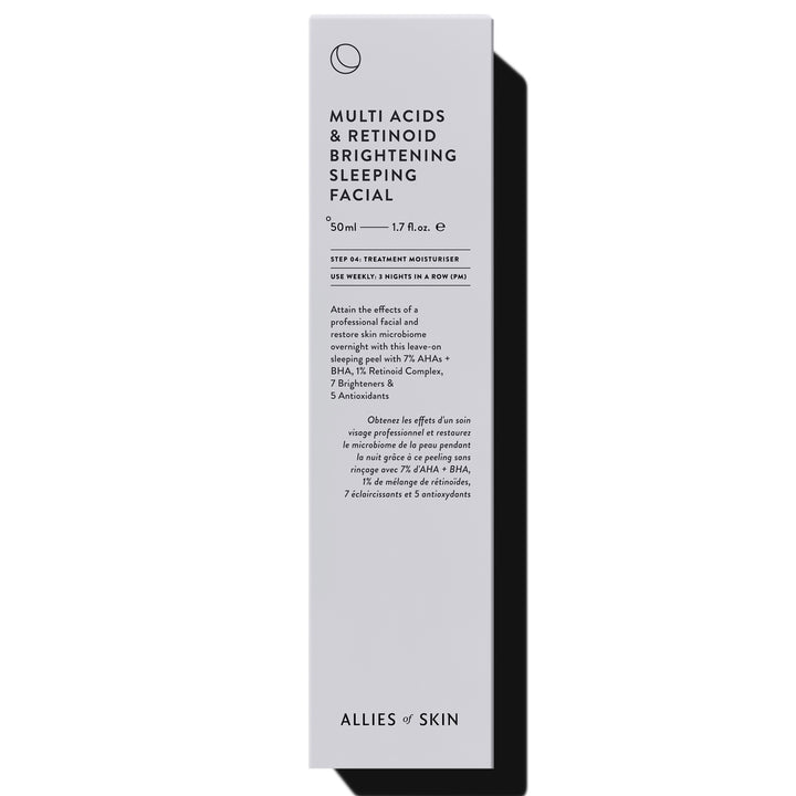 Allies of Skin product box for multi acid retinoid sleeping facial 50ml white vertical packaging