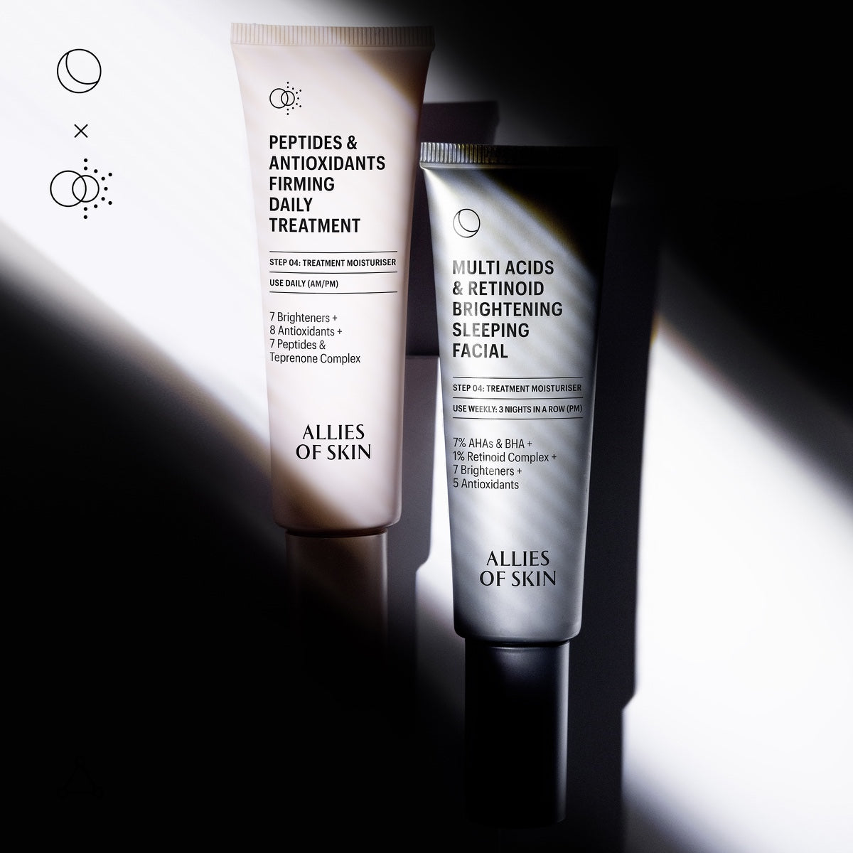 Allies of Skin tubes on shadowed surface featuring multi acid retinoid sleeping facial and peptides cream