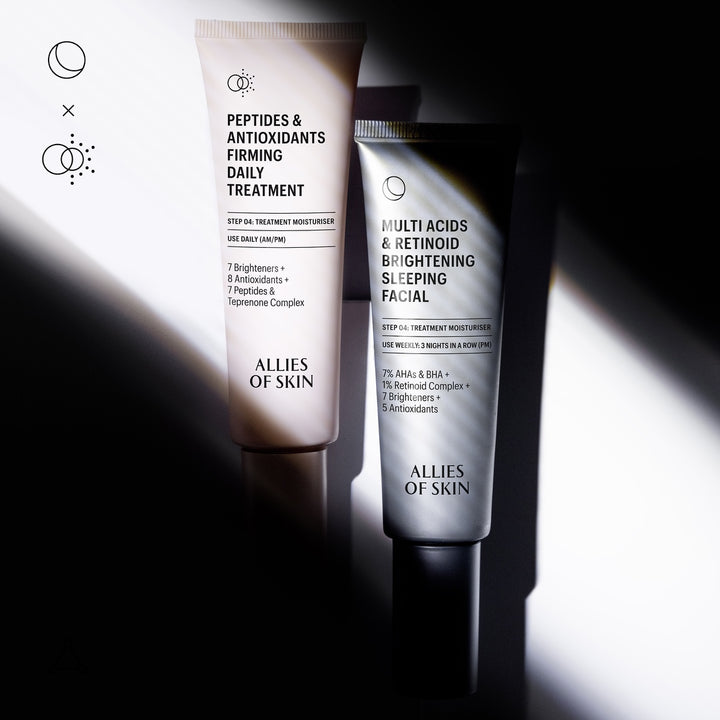 Allies of Skin tubes on shadowed surface featuring multi acid retinoid sleeping facial and peptides cream