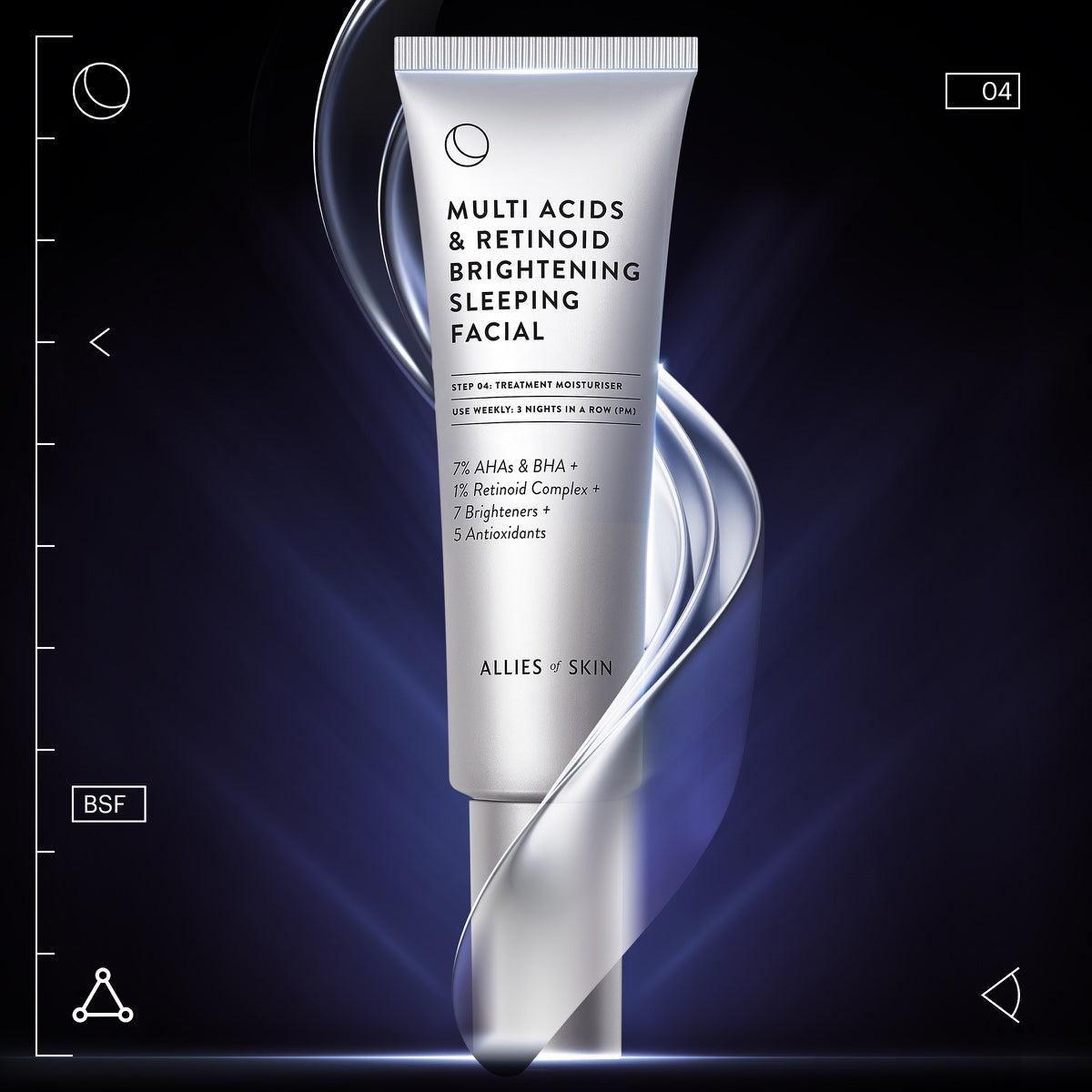 Allies of Skin multi acid retinoid sleeping facial tube on dark background highlighting brightening overnight treatment for skin