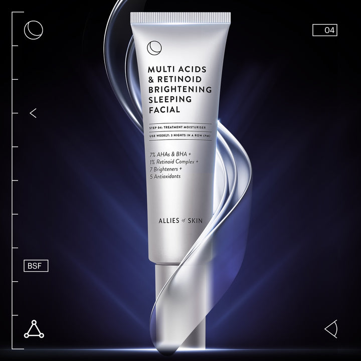 Allies of Skin multi acid retinoid sleeping facial tube on dark background highlighting brightening overnight treatment for skin