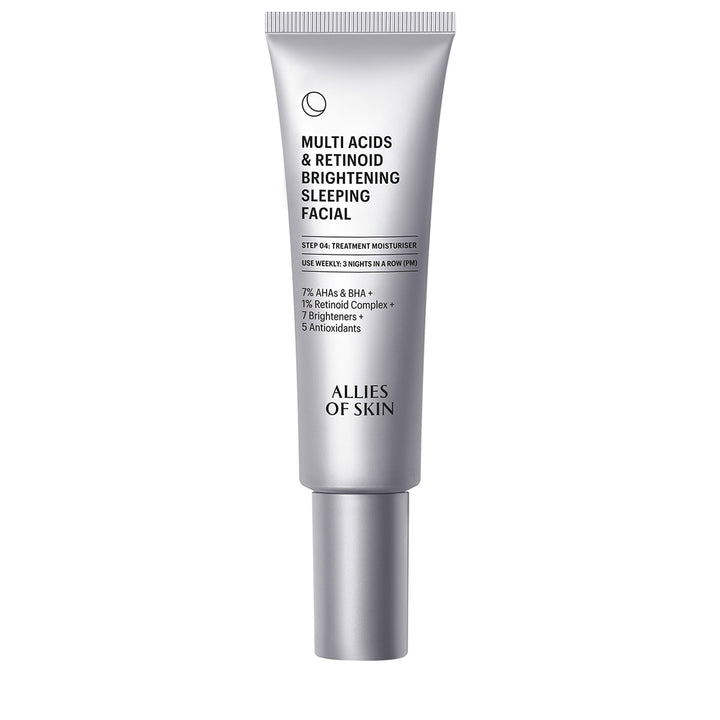 Allies of Skin multi acid retinoid sleeping facial silver tube brightening overnight treatment for textured skin