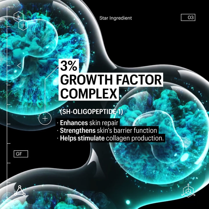 Allies of Skin product label showing teal cellular graphics and 3 percent Growth Factor Complex for multi peptide lifting serum
