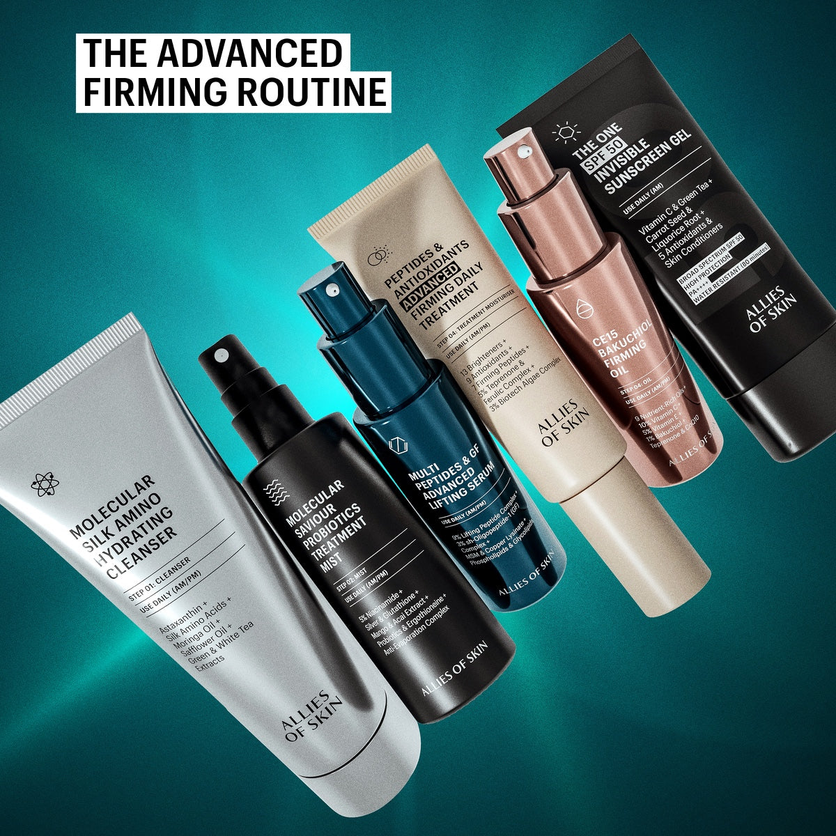 Allies of Skin product lineup on teal background showing multi peptide lifting serum and firming treatments