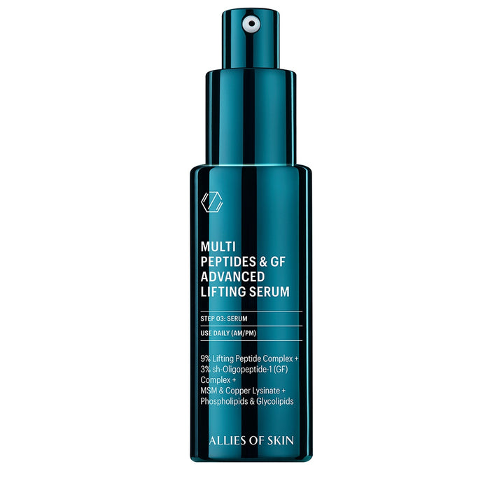 Allies of Skin multi peptide lifting serum in teal metallic pump bottle with white label text