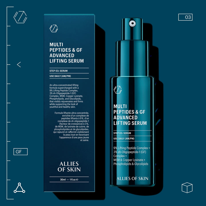 Allies of Skin multi peptide lifting serum teal pump bottle and matching box on dark background