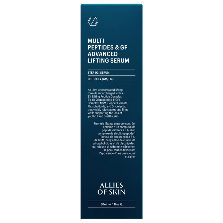 Allies of Skin multi peptide lifting serum navy blue box packaging showing product name and details