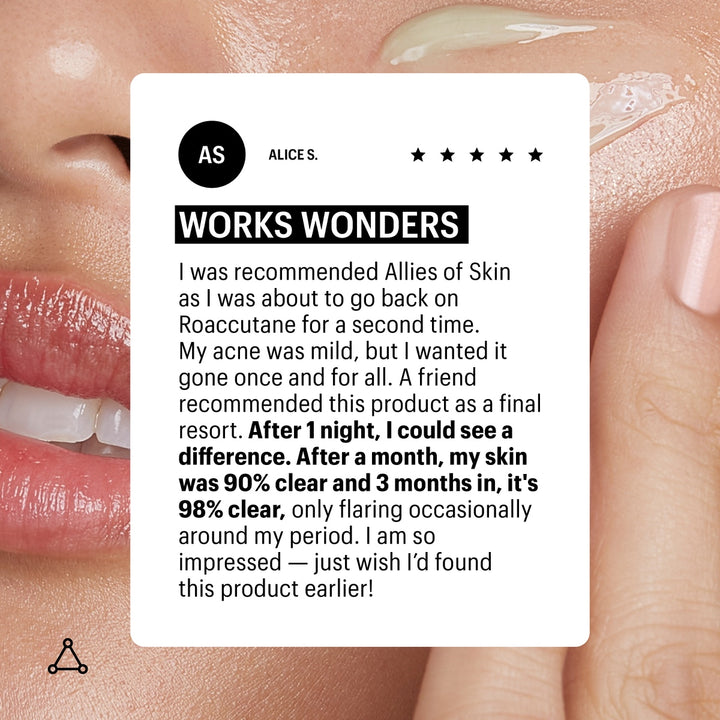 Close up of woman applying cream with Allies of Skin review card highlighting nightly blemish treatment