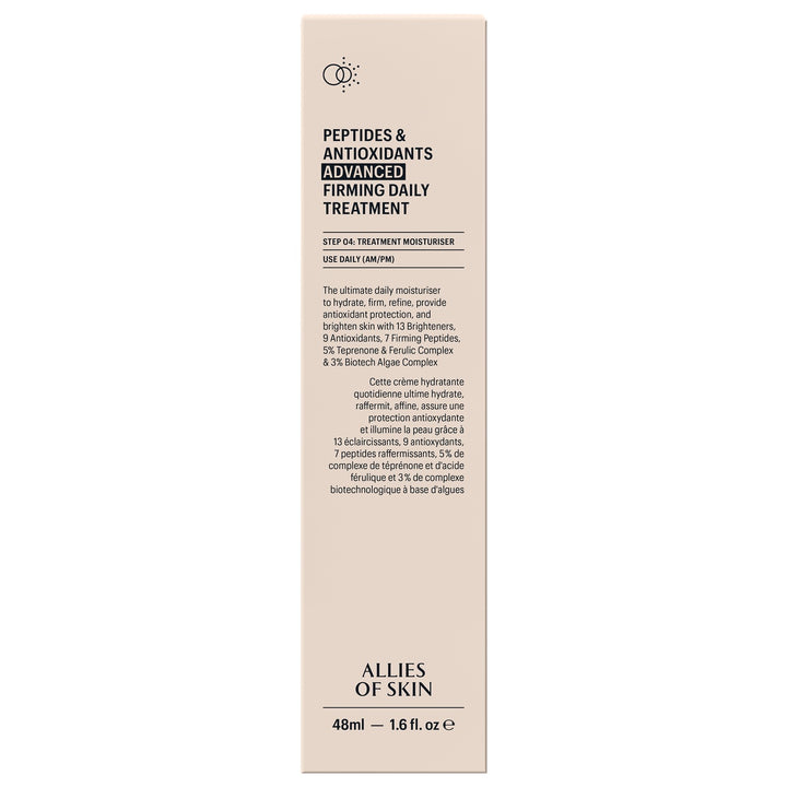 Allies of Skin peptide firming moisturizer box showing Peptides and Antioxidants Advanced Firming Daily Treatment 48ml