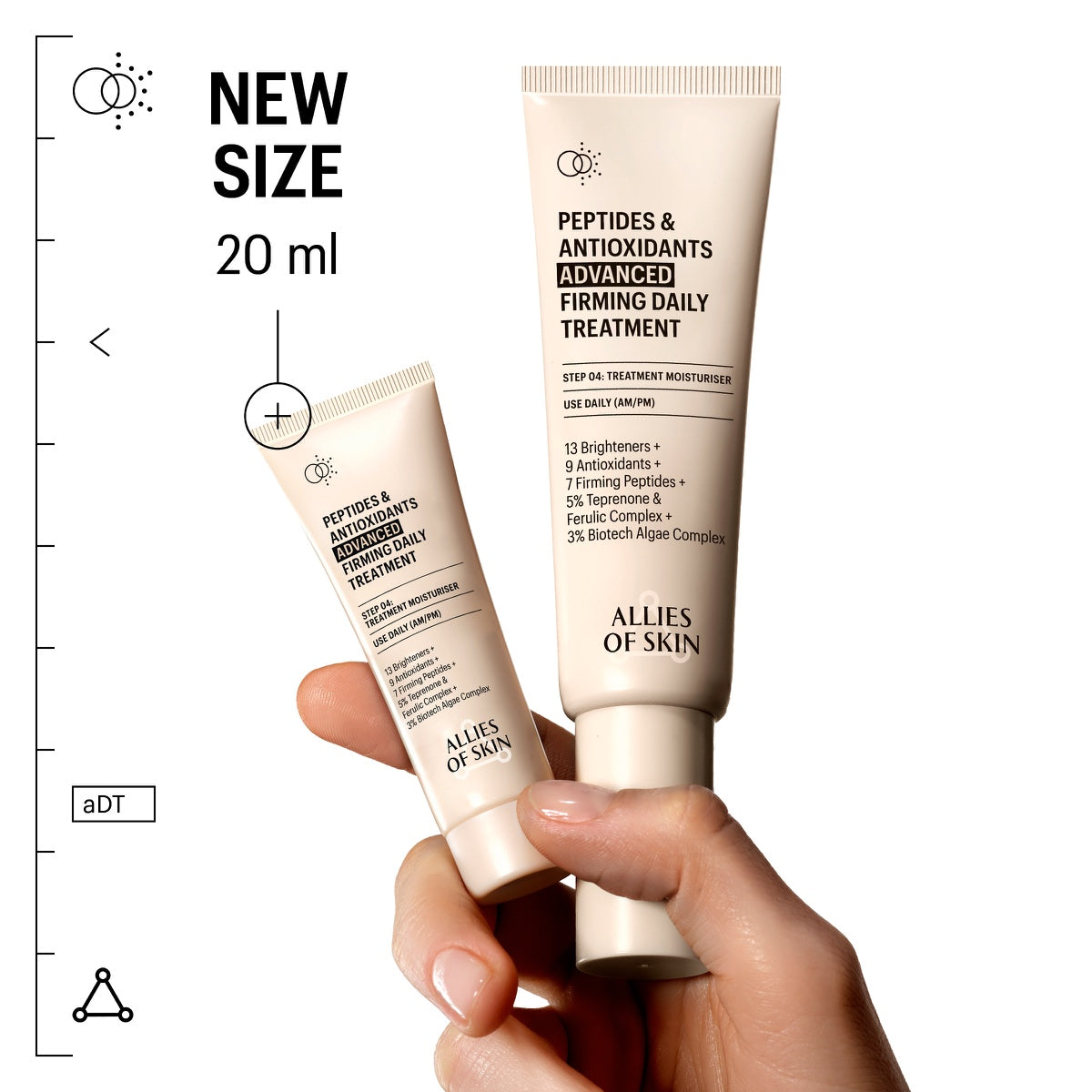 Hand holding Allies of Skin firming daily treatment tubes new 20 ml peptide firming moisturizer travel size