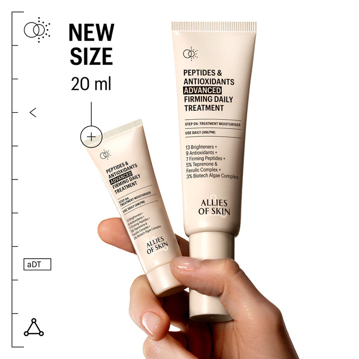 Hand holding Allies of Skin firming daily treatment tubes new 20 ml peptide firming moisturizer travel size