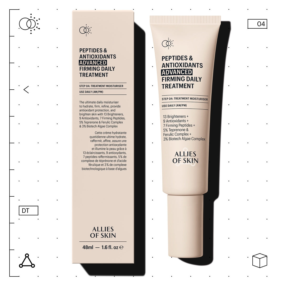 Allies of Skin peptide firming moisturizer tube and box beige packaging for daily advanced firming treatment