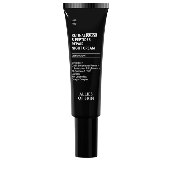 Allies of Skin retinal cream black tube with 0.05 percent retinal and peptides repair night cream label