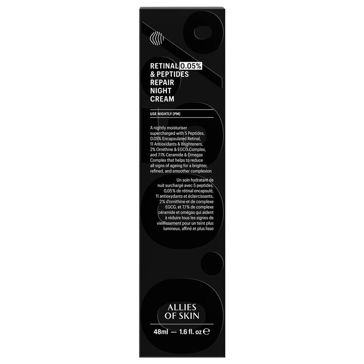 Allies of Skin retinal cream black retail box showing Retinal 0.05 percent Peptides Repair Night Cream packaging 48ml