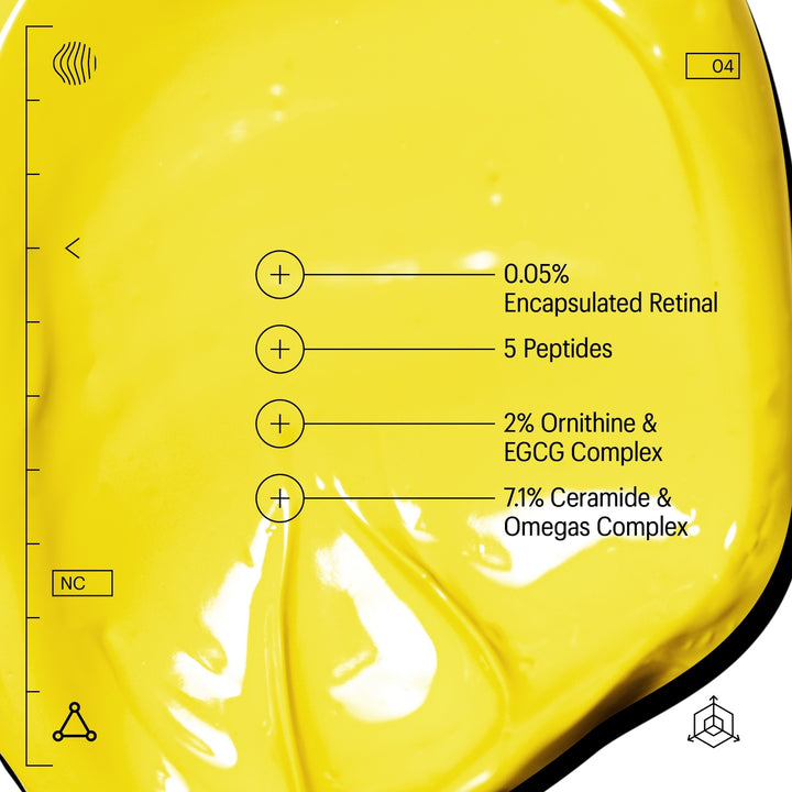Allies of Skin retinal cream yellow gel texture with ingredient labels showing 0.05 percent encapsulated retinal and peptides