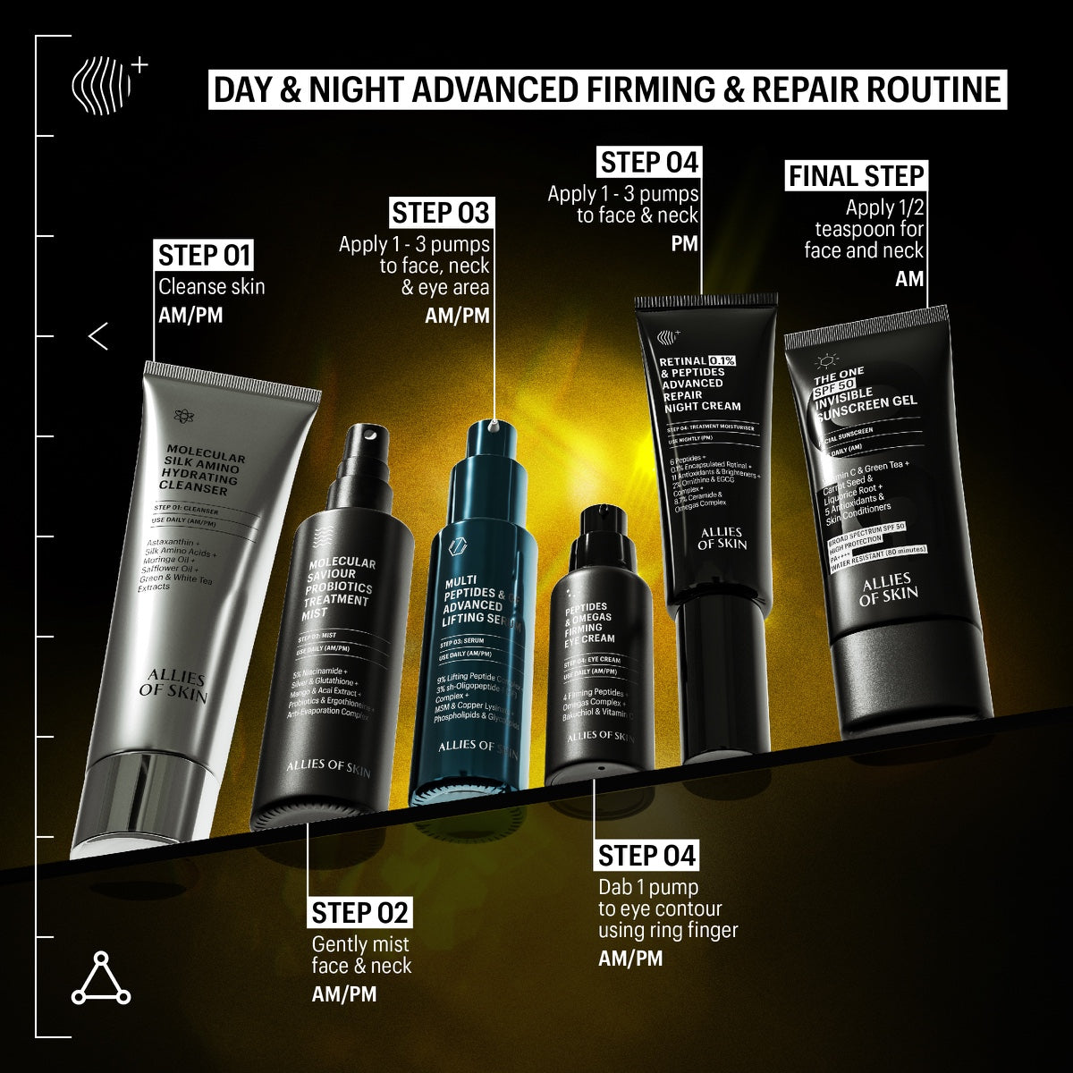 Allies of Skin day and night advanced firming routine lineup featuring retinol night cream for face and serums