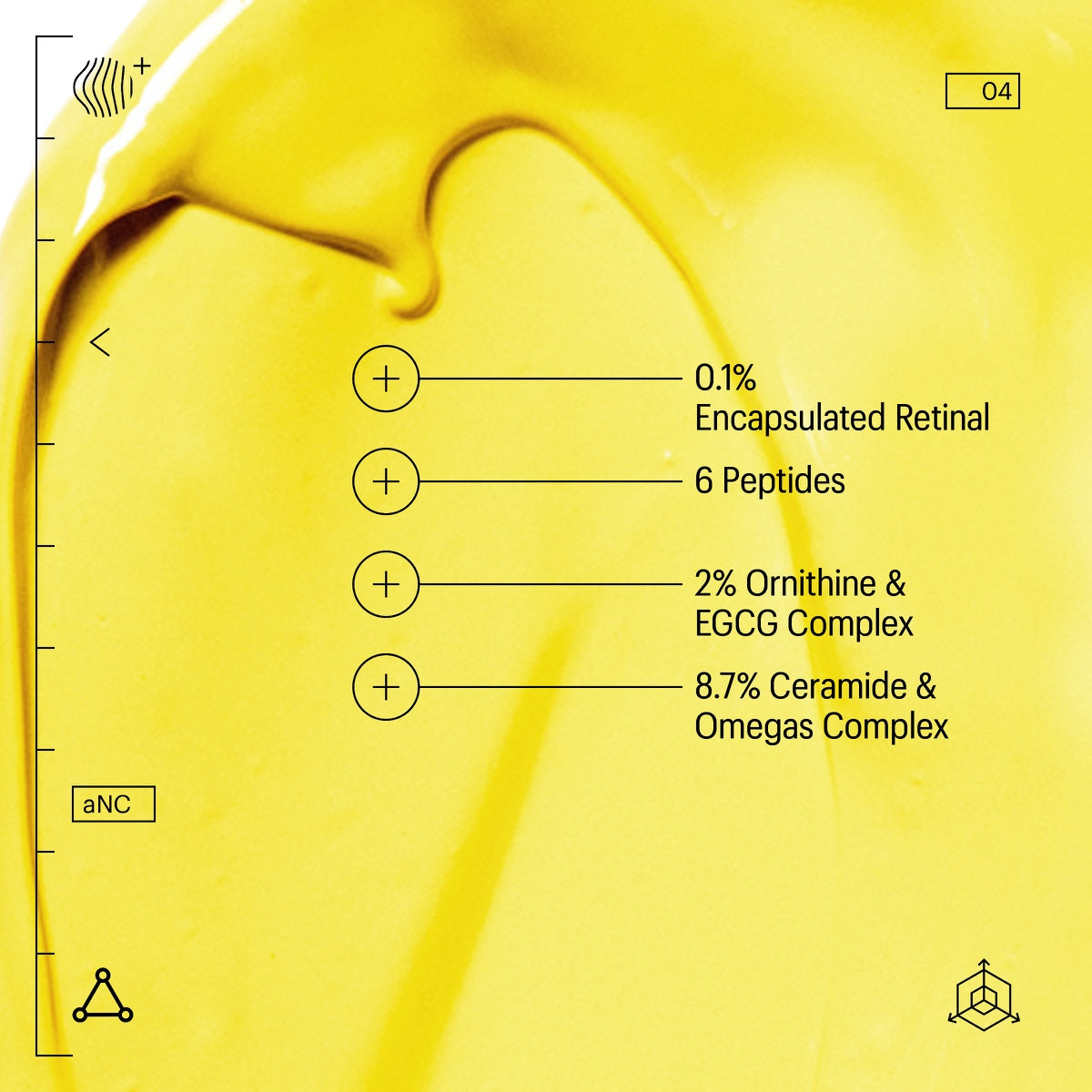 Allies of Skin yellow cream texture with ingredient labels 0.1 percent retinal 6 peptides retinol night cream for face
