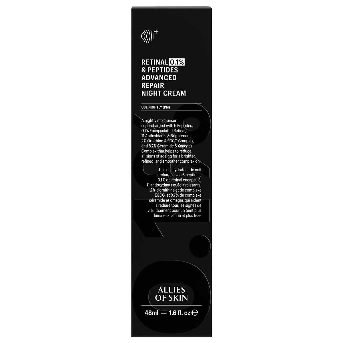 Allies of Skin black retail box for Retinal 0.1 percent and Peptides Advanced Repair retinol night cream for face 48ml