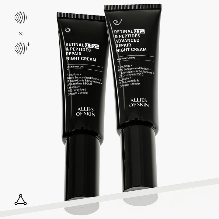 Two black tubes of Allies of Skin retinol night cream for face with peptides and repair formulas