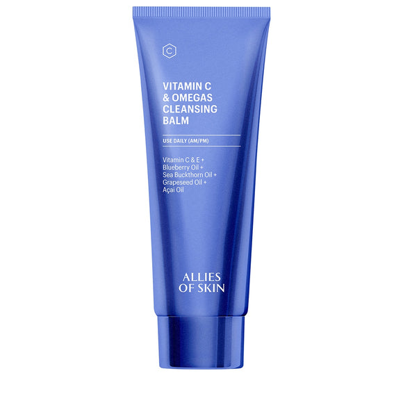 Allies of Skin Vitamin C cleansing balm in blue tube with omegas and antioxidant oils for daily use