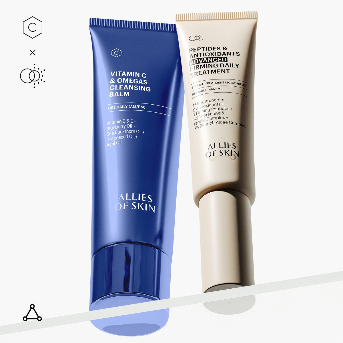 Allies of Skin Vitamin C cleansing balm in blue tube paired with beige Peptides and Antioxidants daily treatment