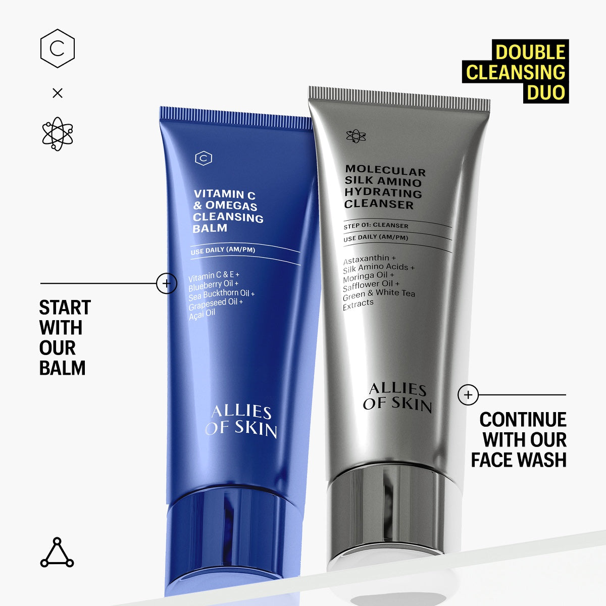 Allies of Skin Vitamin C cleansing balm blue tube paired with silver Molecular Silk Amino hydrating cleanser