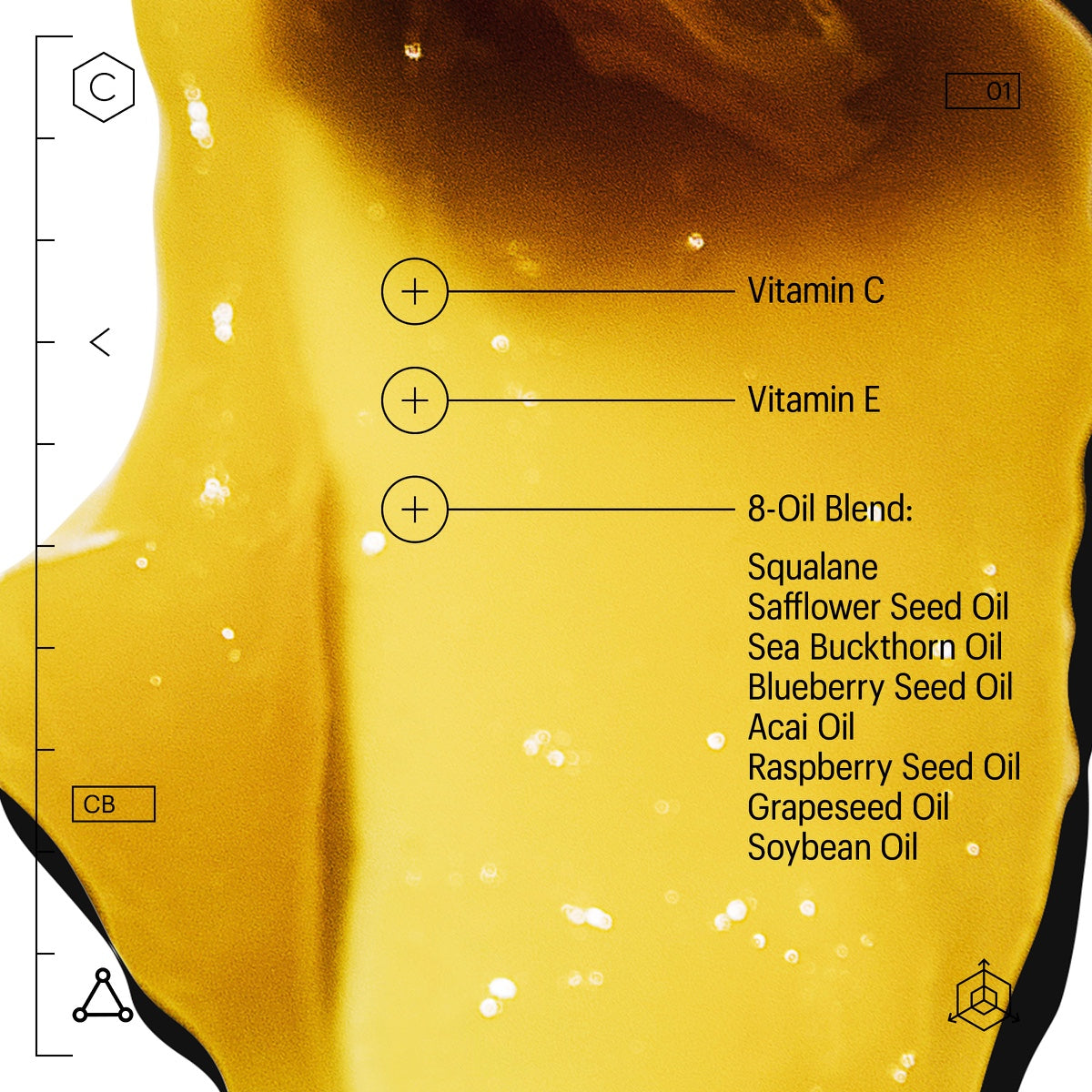 Close up golden balm smear with ingredient list showing oils and Vitamin C cleansing balm by Allies of Skin