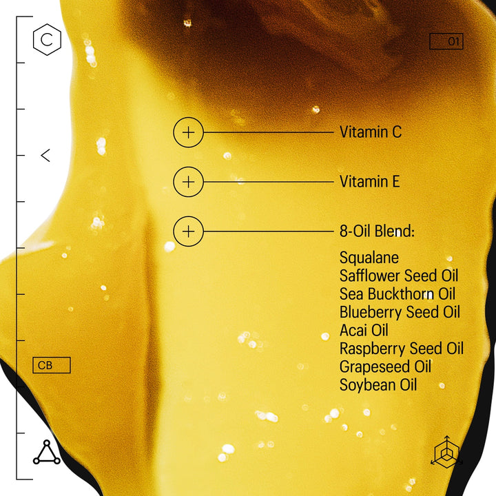 Close up golden balm smear with ingredient list showing oils and Vitamin C cleansing balm by Allies of Skin