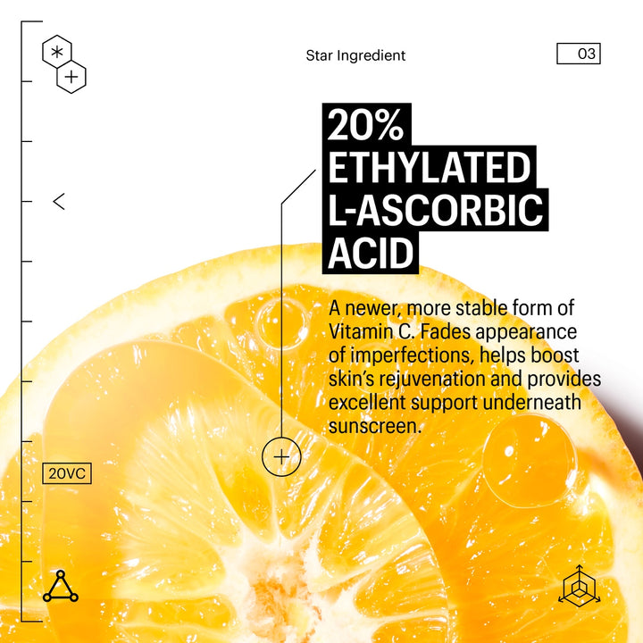 Allies of Skin label over lemon slice highlighting 20 percent ethylated L ascorbic acid, vitamin C serum for face rejuvenation