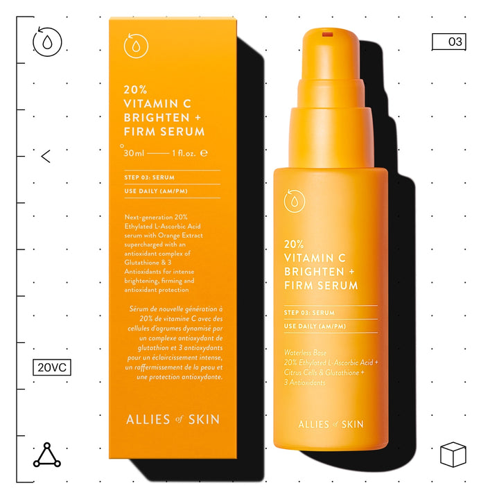 Allies of Skin 20 percent Vitamin C Brighten and Firm serum bottle and box on white grid background vitamin C serum for face
