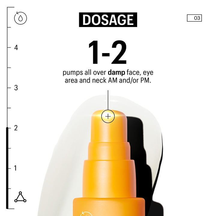 Allies of Skin orange pump bottle close up with dosage text 1 to 2 pumps and vitamin C serum for face on white background