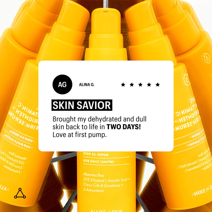 Allies of Skin vitamin C serum for face in bright yellow pump bottles with customer review card