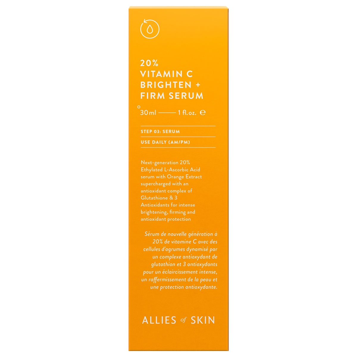 Allies of Skin 20 percent Brighten and Firm 30ml orange box showing vitamin C serum for face packaging