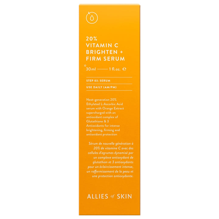 Allies of Skin 20 percent Brighten and Firm 30ml orange box showing vitamin C serum for face packaging
