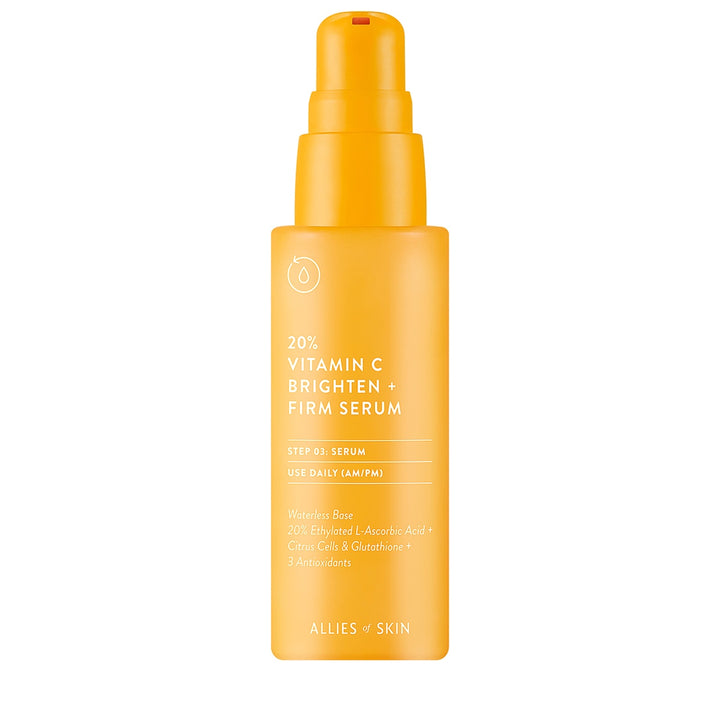 Allies of Skin 20 percent brightening pump bottle, orange vitamin C serum for face to firm and even skin