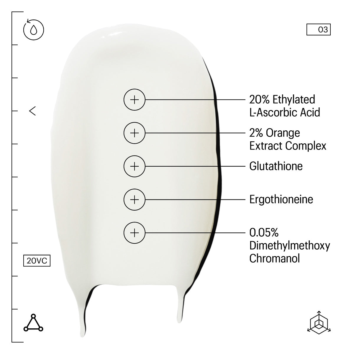 Allies of Skin serum smear labeled with 20 percent Ethylated L Ascorbic Acid and 2 percent Orange Extract vitamin C serum for face
