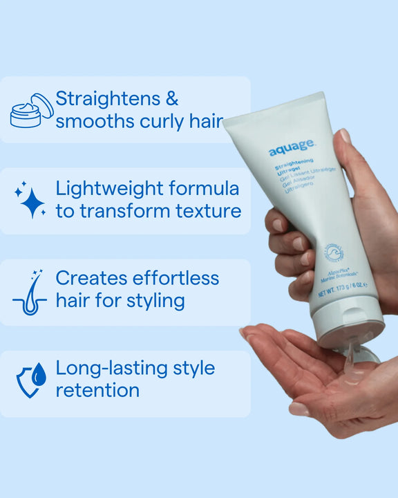 Hands holding Aquage Straightening Ultragel tube with benefits for straightening and smoothing curly hair